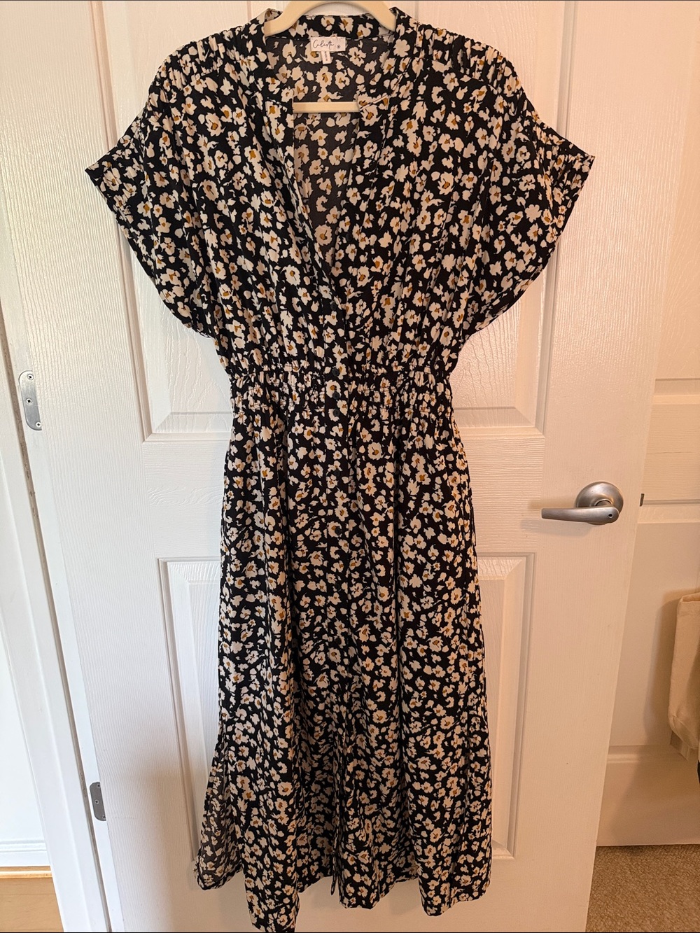 Black Floral Midi Dress with Cream Daisy Print